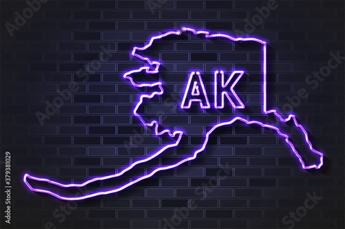 Alaska map glowing neon lamp or glass tube on a black brick wall