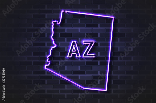 Arizona map glowing neon lamp or glass tube on a black brick wall