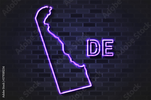 Delaware map glowing neon lamp or glass tube on a black brick wall