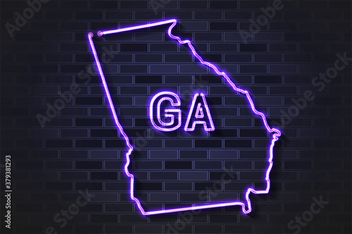 Georgia map glowing neon lamp or glass tube on a black brick wall