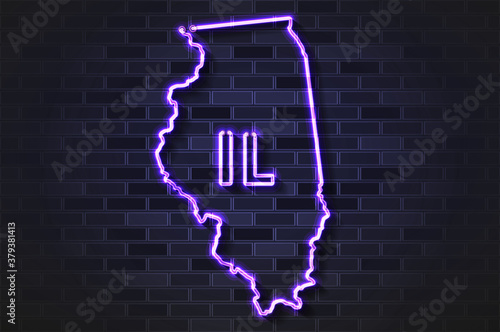 Illinois map glowing neon lamp or glass tube on a black brick wall