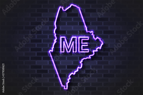 Maine map glowing neon lamp or glass tube on a black brick wall