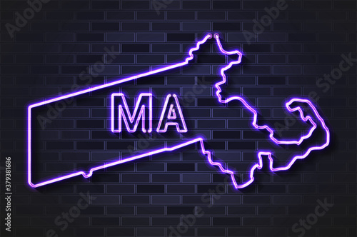 Massachusetts map glowing neon lamp or glass tube on a black brick wall