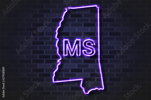 Mississippi map glowing neon lamp or glass tube on a black brick wall