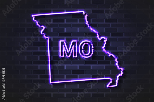 Missouri map glowing neon lamp or glass tube on a black brick wall