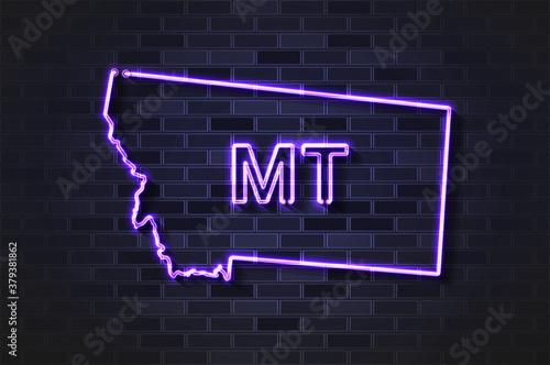 Montana map glowing neon lamp or glass tube on a black brick wall