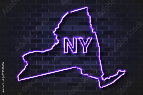 New York map glowing neon lamp or glass tube on a black brick wall