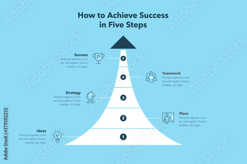 Simple infographic for how to achieve success in five steps with place for your content - blue version. Easy to use for your website or presentation.