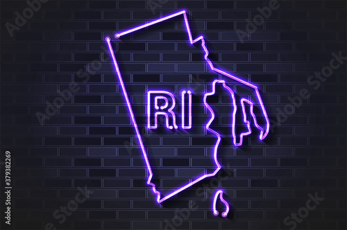 Rhode Island map glowing neon lamp or glass tube on a black brick wall