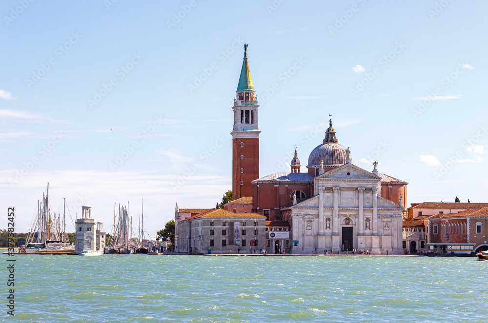 Venice architecture. The Church of San Giorgio Maggiore and Faro San Giorgio Maggiore lighthouse in Venice, Italy.