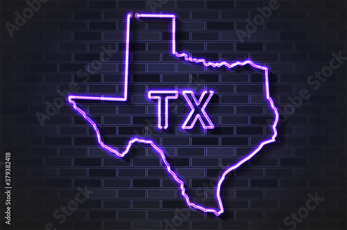Texas map glowing neon lamp or glass tube on a black brick wall