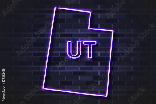 Utah map glowing neon lamp or glass tube on a black brick wall