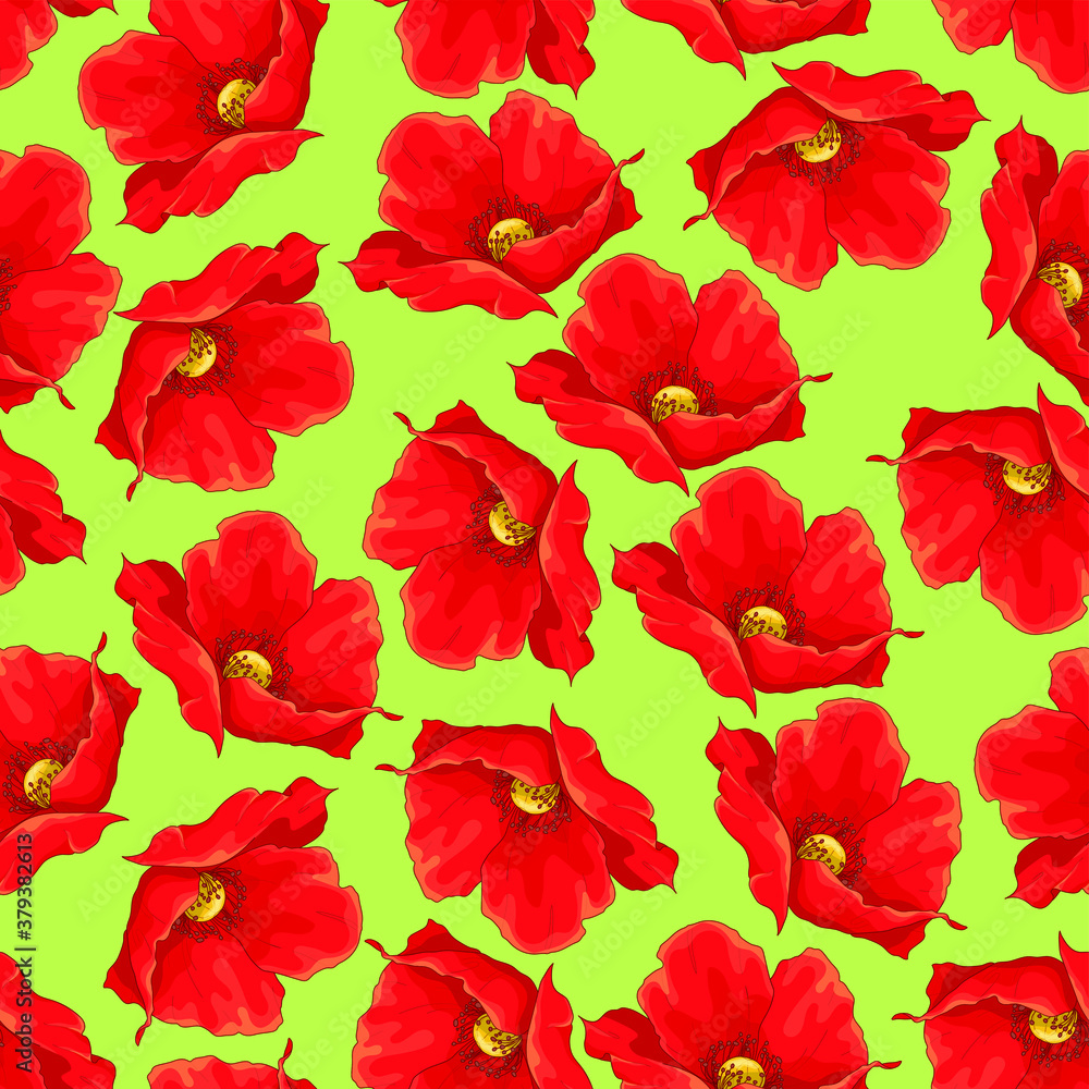 Realistic poppy flower seamless pattern template. Colorful hibiscus vector illustration on bright green background for games, background, pattern, decor. Print for fabrics and other surfaces.