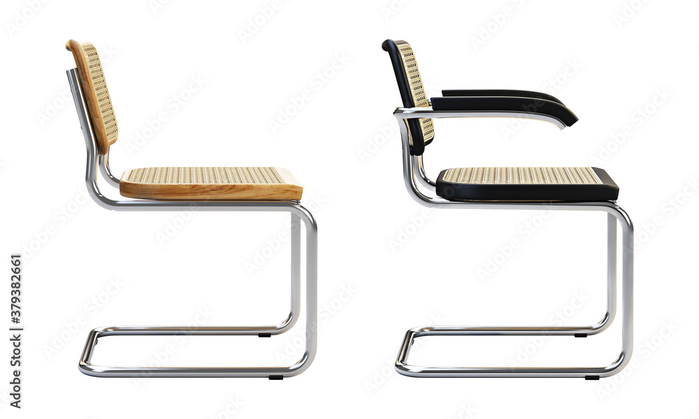 Mid-century wooden chair with woven cane backrest and seat. 3d render. Mid-century wooden chair with woven cane backrest and seat. 3d render.