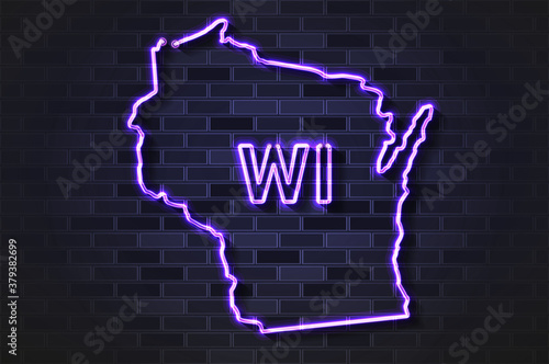 Wisconsin map glowing neon lamp or glass tube on a black brick wall