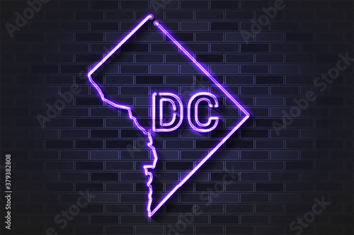 Washington DC or District of Columbia map glowing neon lamp or glass tube on a black brick wall