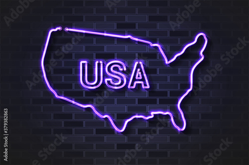 United States of America map glowing neon lamp or glass tube on a black brick wall