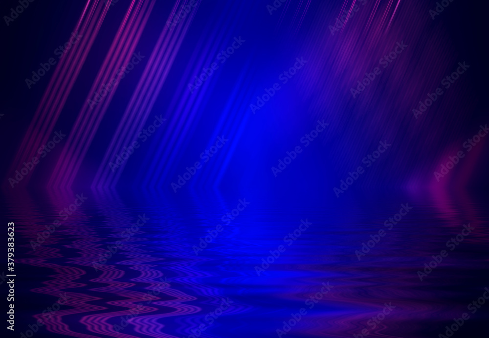 Obraz premium Abstract dark futuristic background. Neon rays of light are reflected from the water. Background of empty stage show, beach party. 3d illustration
