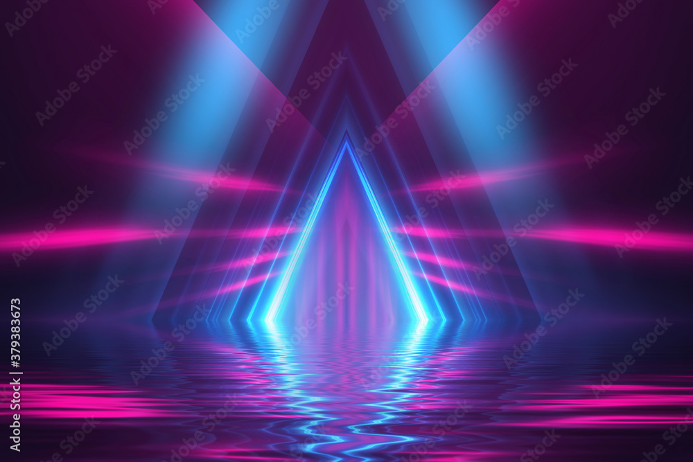 Abstract dark futuristic background. Neon rays of light are reflected from the water. Background of empty stage show, beach party. 3d illustration Abstract dark futuristic background. Neon rays of light are reflected from the water. Background of empty stage show, beach party. 3d illustration