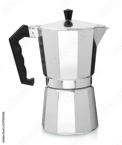 Metal coffee maker isolated, geyser coffee maker on white background