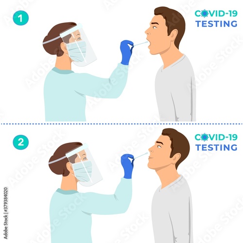 Coronavirus testing carried out by a medical professional, worker, doctor or nurse. Patient receiving a Corona test. Cotton swab for saliva kit. Laboratory research Covid 19. Lab examination isolated