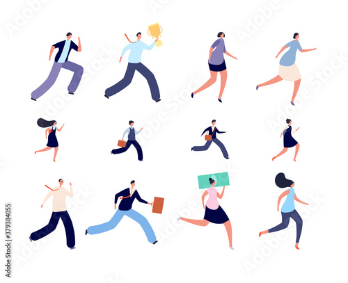 Business people run. Active hurry person  hurried kid student characters. Isolated running office person  runner to work or study vector set. Business people hurry run  winner with cup illustration