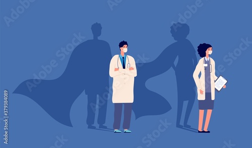 Doctor superhero. Medical strength heroes, people wear protective mask. Medicine power, woman man and strong shadows in capes vector. Illustration superhero doctor, medical hero with stethoscope