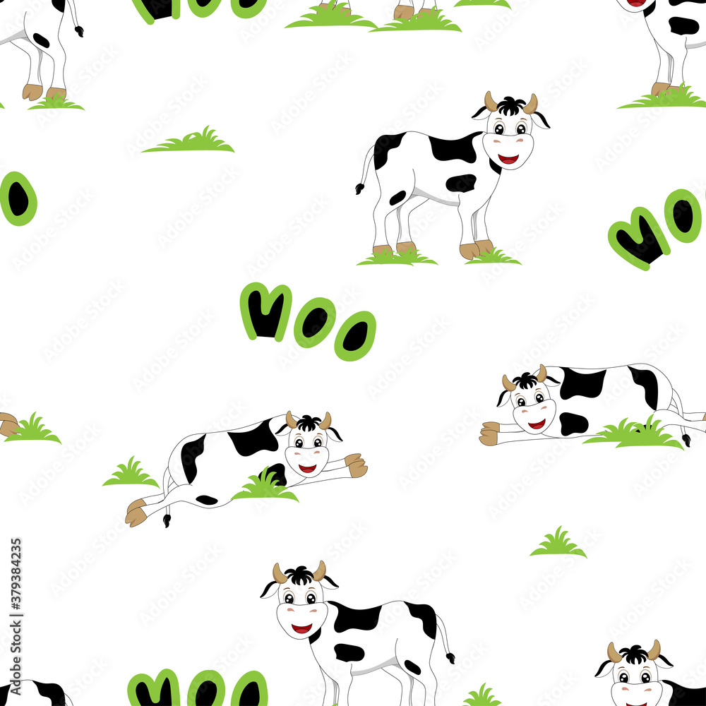 Seamless cute cow standing and lying on grass with moo word, Kawaii pattern for children fabric or cover on 2021 year of ox Seamless cute cow standing and lying on grass with moo word, Kawaii pattern for children fabric or cover on 2021 year of ox
