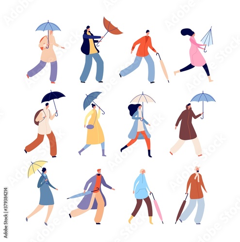 People with umbrellas. Rainy autumn, city street wet person character. Isolated man woman outdoor walking in raining day vector illustration. People with umbrella or parasol holding in hand