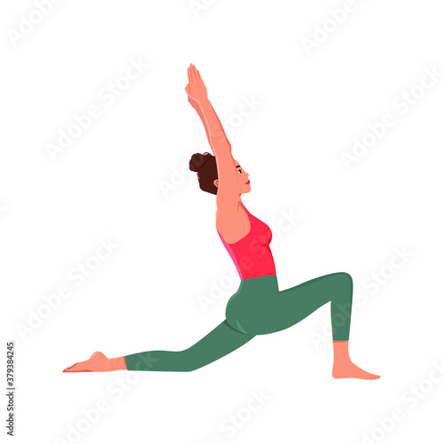 Woman standing in crescent lunge yoga pose. Female character doing stretch exercise, balance and strength. Isolated vector illustration in cartoon style
