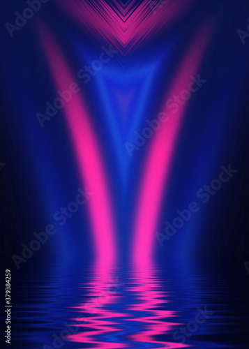 Abstract dark futuristic background. Neon rays of light are reflected from the water. Background of empty stage show  beach party. 3d illustration