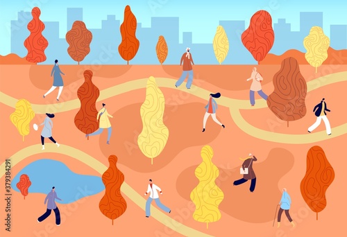 Autumn walking city park. Enjoy nature, flat style girl man walk in fall forest. Season outdoor weekend, active life vector illustration. Active weekend city in park, walking in autumn outdoor