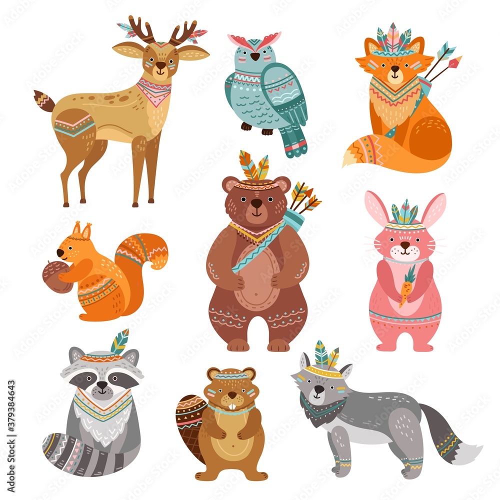 Obraz premium Cartoon tribal animals. Cute woodland illustration, boho fox wolf deer. Brave forest bear, feather arrow, wildlife vector. Tribal colorful forest animal, woodland bird , fox and rabbit illustration