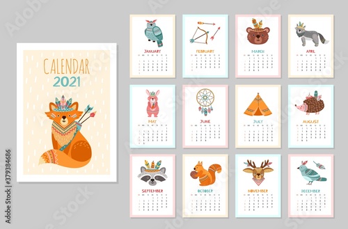 Cute animal calendar 2021. Kid animals, forest tribal wildlife posters. Monthly schedule arctic fox bear deer raccoon vector illustration. Calendar with tribe character, raccoon and bird