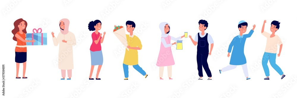 Arabian and european kids good manners. Different nationality children gift present and flowers, high five. International friendship vector illustration. Manners and etiquette, respect and help Arabian and european kids good manners. Different nationality children gift present and flowers, high five. International friendship vector illustration. Manners and etiquette, respect and help