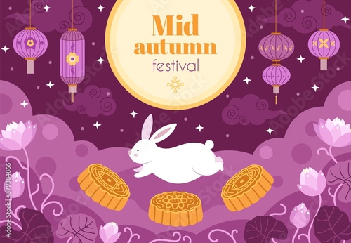 Asian autumn festival. Night fest, full moon light chinese holiday banner. Asian floral branch, mooncake and cute bunny vector illustration. Mooncake and jumbing white rabbit, light night lantern