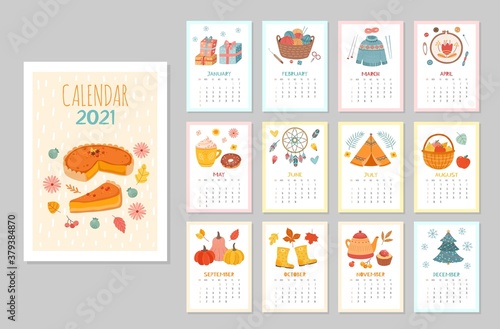 Cozy wall calendar 2021. Monthly calendars, styling home hygge schedule. Flat season planner with coffee plants warm clothes vector template. Illustration calendar 2021, organizer monthly graphic