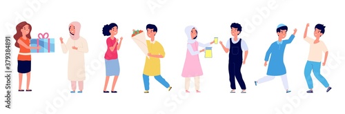 Arabian and european kids good manners. Different nationality children gift present and flowers, high five. International friendship vector illustration. Manners and etiquette, respect and help