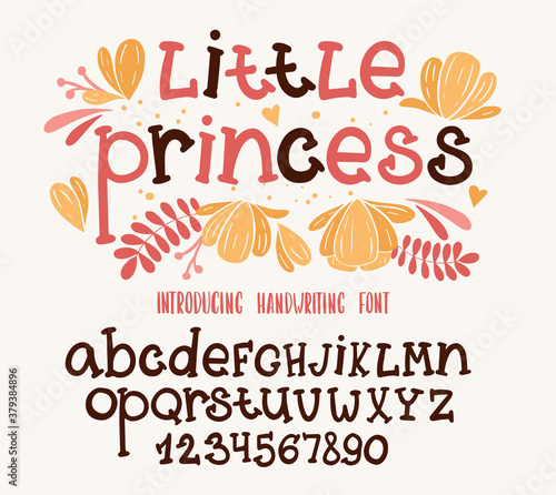 Kids font. Typography alphabet with colorful child illustrations.