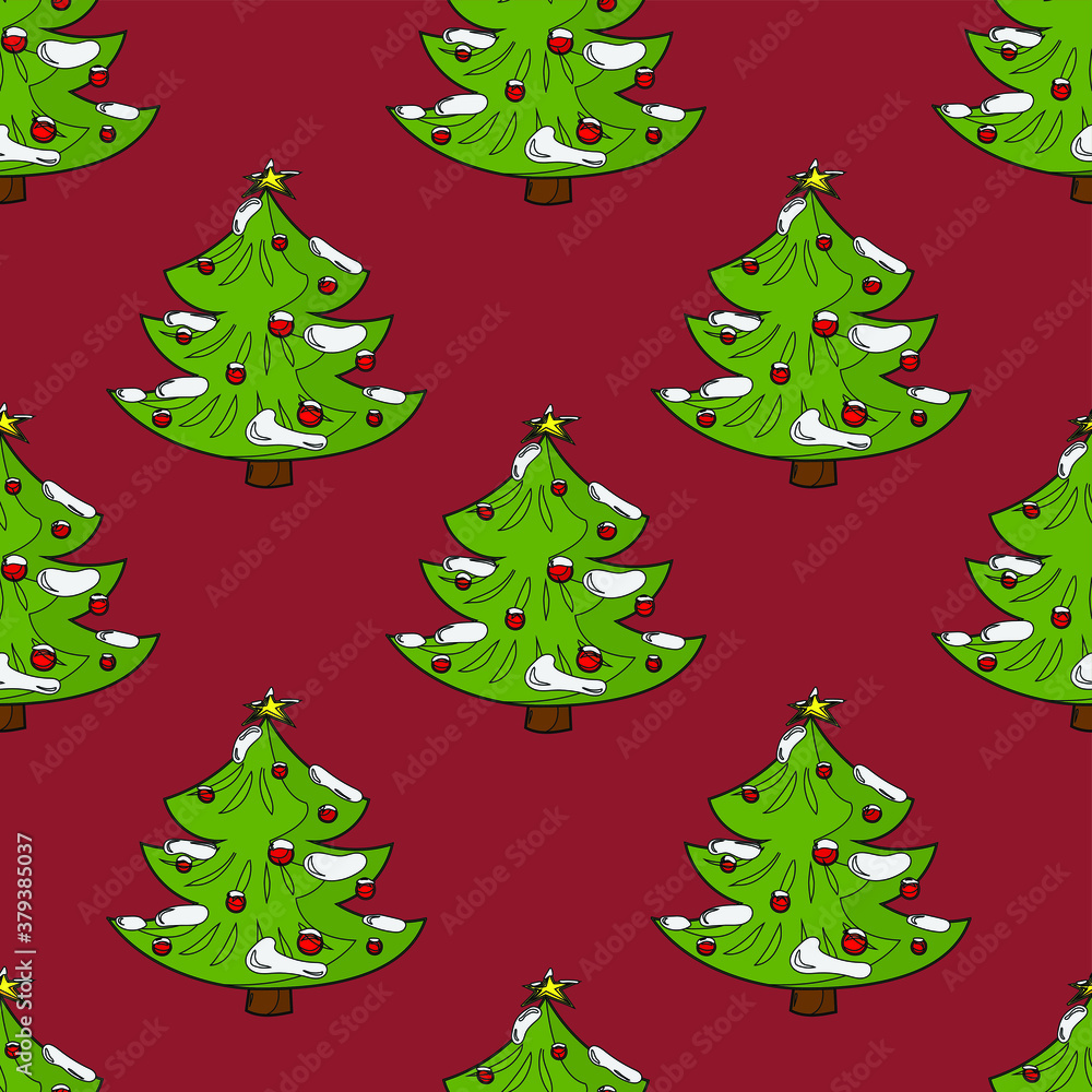 Cartoon decorated Christmas New Year winter trees with snow seamless pattern template with outlines. Holiday vector illustration on burgundy red background for games, background, pattern, decor. 