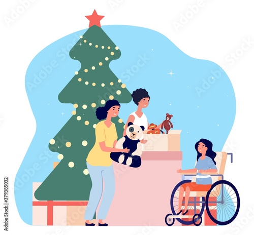 Christmas charity. Volunteers gift toy to disabled girl. Donations, holiday presents vector concept. Christmas charity volunteer, volunteering help illustration