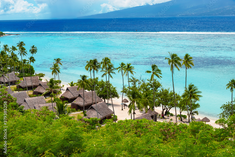 Luxury travel vacation with beach villas on Moorea Island, French Polynesia. - obrazy, fototapety, plakaty 
