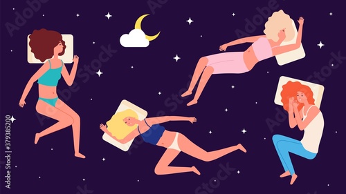 Girl sleep. Cute woman wearing pajamas and sweet dream. Cartoon dreaming at pillows female characters in starry sky vector illustration. Nightwear character, bedtime and sleepwear