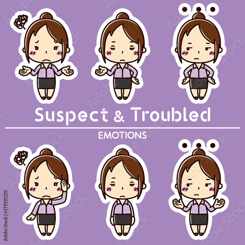 女性の表情セット/ 疑う / 困る