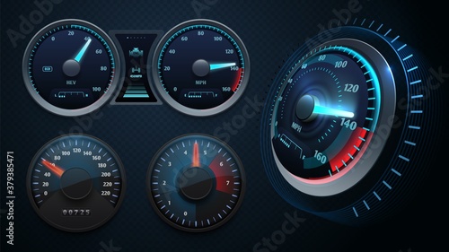 Realistic speedometer. Sport car dashboard, auto panel with arrows and speed measuring board vector set. Illustration speedometer and dashboard, panel vehicle gauge