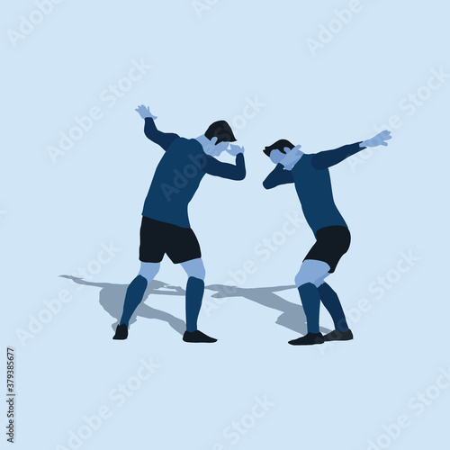 two soccer player do a dab celebration - two tone flat illustration - shot, dribble, celebration and move in soccer