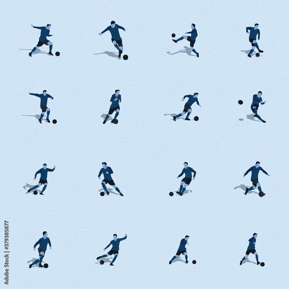 shot, dribble, and move in soccer set - two tone flat illustration