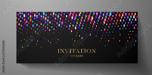 Holiday VIP Invitation template with colorful pattern (glowing circular dots) on black background. Premium rainbow design template useful for invite event, Gift certificate, Voucher