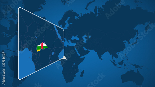 Location of Central African Republic on the World Map with Enlarged Map of Central African Republic with Flag.