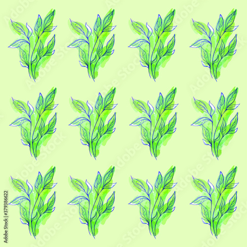Cartoon watercolor plant leaf seamless pattern template. Vector illustration on pastel green background for games  background  pattern  decor. Print for fabrics and other surfaces.